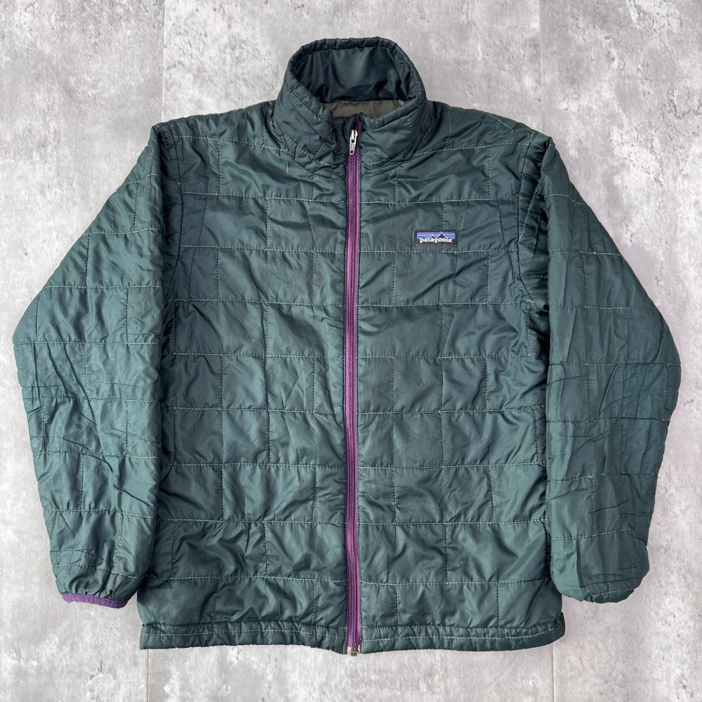 Patagonia Nano Puff Jacket Kids M 10 Green Purple Insulated Full Zip Hiking